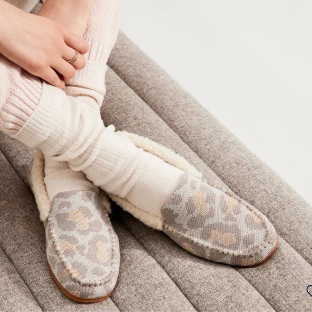 Rothy’s “the cozy loafer” slippers in animal print.